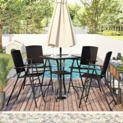 5-Piece Patio Rattan Dining Table Set , Counter Height PE Wicker Dining Table Set With Umbrella Hole And 4 Foldable Chairs, Brown-ModernLuxe