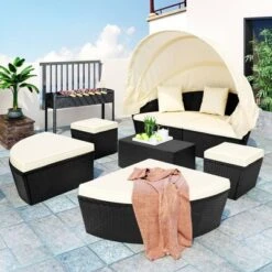 6pc Wicker Round Outdoor Sectional Set With Cushions - Black/Beige - GODEER -Crosley shop GUEST 4a1d96ff af7f 4aeb a691 c4c3d014e67e