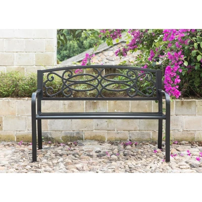 Gardenised Steel Outdoor Patio Garden Park Seating Bench With Cast Iron Scrollwork Backrest, Front Porch Yard Bench Lawn Decor 1 Gardenised Steel Outdoor Patio Garden Park Seating Bench With Cast Iron Scrollwork Backrest, Front Porch Yard Bench Lawn Decor