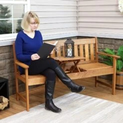 Sunnydaze Decor Sunnydaze Outdoor Meranti Wood With Teak Oil Finish 2-Person Bench Seat With Pop-Up Table - 60" - Brown -Crosley shop GUEST 4e6a00cb 2dfb 44d8 906c ff11169a0a6d