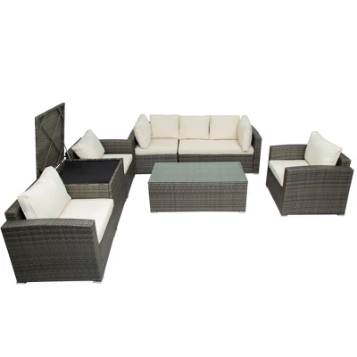 7pc Wicker Patio Set With Cushions & Storage Box - Gray/Beige - GODEER 4 7pc Wicker Patio Set With Cushions & Storage Box - Gray/Beige - GODEER - Image 4
