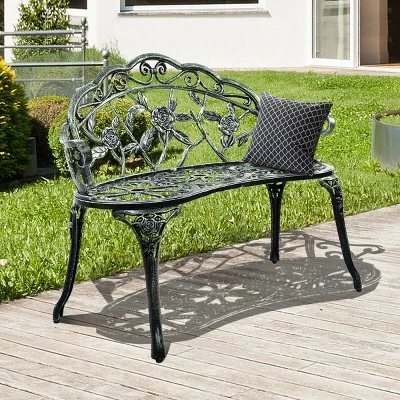 Costway Patio Garden Bench Chair Style Porch Cast Aluminum Outdoor Rose Antique Green 4 Costway Patio Garden Bench Chair Style Porch Cast Aluminum Outdoor Rose Antique Green - Image 4