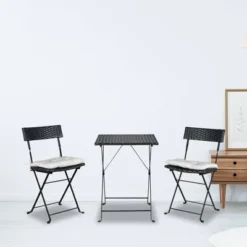 3pc Wicker Folding Outdoor Bistro Set With Cushions - Black/Beige - GODEER -Crosley shop GUEST 50d8bd9a 5a09 4a2f baf6 77a1d2e557b6