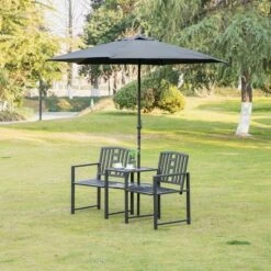 Outsunny Metal Garden Bench With Middle Table And Umbrella Hole, 2-in-1 Double Patio Chairs, Outdoor 2-person Tete-a-Tete, Slatted, Black -Crosley shop GUEST 51711f9e f458 4180 a567 6778cef47e6f