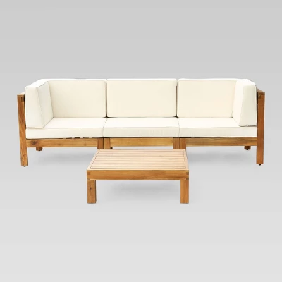 Brava 4pc Acacia Modular Sofa And Table Set - Teak/Beige - Christopher Knight Home 1 Brava 4pc Acacia Modular Sofa And Table Set - Teak/Beige - Christopher Knight Home