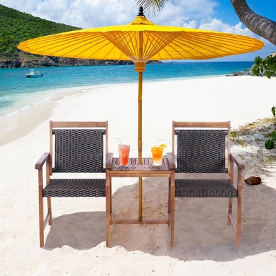 Costway 2-Seat Patio Rattan Bench Acacia Wood Frame Table W/Umbrella Hole Deck 1 Costway 2-Seat Patio Rattan Bench Acacia Wood Frame Table W/Umbrella Hole Deck