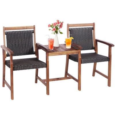 Costway 2-Seat Patio Rattan Bench Acacia Wood Frame Table W/Umbrella Hole Deck 2 Costway 2-Seat Patio Rattan Bench Acacia Wood Frame Table W/Umbrella Hole Deck - Image 2
