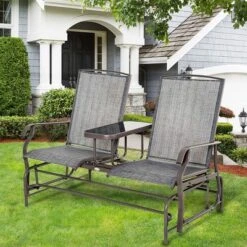 Outsunny 2-Person Outdoor Glider Bench W/ Center Table, Steel Frame For Backyard Garden Porch, Gray -Crosley shop GUEST 5b152373 89eb 4515 9753 9447143ef8bd