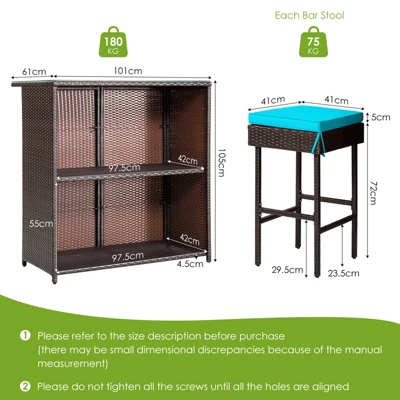 Tangkula 3PCS Patio Wicker Rattan Bar Set Table W/2 Turquoise Cushioned Stools 3 Tangkula 3PCS Patio Wicker Rattan Bar Set Table W/2 Turquoise Cushioned Stools - Image 3