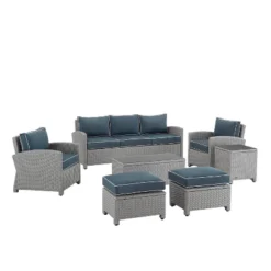 Bradenton 7pc Outdoor Wicker Sofa And Arm Chair Seating Set With Coffee Table, Side Table And 2 Ottomans - Navy/Gray - Crosley -Crosley shop GUEST 5c60f18a a80b 4238 8c42 80956dad9ebd