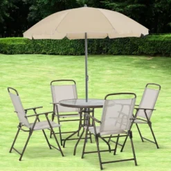 Outsunny 6 Piece Patio Dining Set For 4 With Umbrella, 4 Folding Dining Chairs & Round Glass Table For Garden, Backyard And Poolside -Crosley shop GUEST 5db8a9e1 c0e7 439f a591 a2e8acb6c1c1