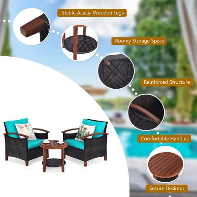 Tangkula 3-Piece Patio Rattan Bistro Set Acacia Wood Frame Sofa And Side Table 8 Tangkula 3-Piece Patio Rattan Bistro Set Acacia Wood Frame Sofa And Side Table - Image 8