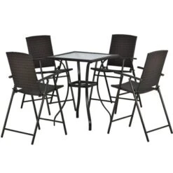 5-Piece Patio Rattan Dining Table Set , Counter Height PE Wicker Dining Table Set With Umbrella Hole And 4 Foldable Chairs, Brown-ModernLuxe 13 5-Piece Patio Rattan Dining Table Set , Counter Height PE Wicker Dining Table Set With Umbrella Hole And 4 Foldable Chairs, Brown-ModernLuxe -Crosley shop GUEST 64bcf024 08db 4633 ac07 6b8a010a9b63