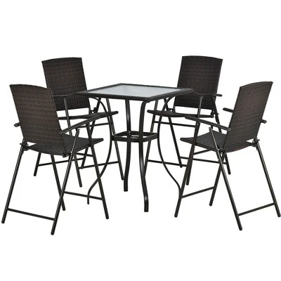 5-Piece Patio Rattan Dining Table Set , Counter Height PE Wicker Dining Table Set With Umbrella Hole And 4 Foldable Chairs, Brown-ModernLuxe 3 5-Piece Patio Rattan Dining Table Set , Counter Height PE Wicker Dining Table Set With Umbrella Hole And 4 Foldable Chairs, Brown-ModernLuxe - Image 3