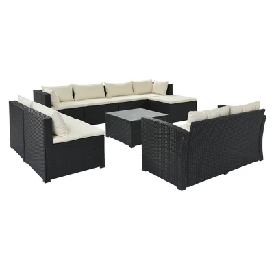 9pc Wicker Patio Sectional Seating Set With Cushions - Black/Beige - GODEER 10 9pc Wicker Patio Sectional Seating Set With Cushions - Black/Beige - GODEER - Image 10