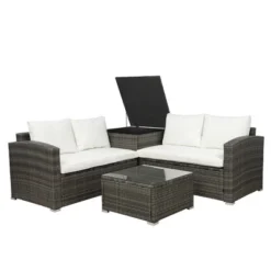 4pc Wicker Patio Conversation Set With Cushions - Gray/Beige - GODEER -Crosley shop GUEST 65e82cff 370b 4355 8817 68a365772df8