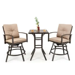 Tangkula Set Of 3 Swivel Bar Height Bistro Set Cushioned Table Stools Furniture Patio Outdoor