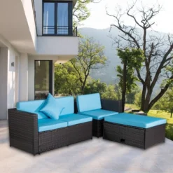 4pc Wicker Patio Sectional Seating Set With Cushions - Brown/Blue - GODEER -Crosley shop GUEST 68074cac 9167 48fa 8f49 16e1bc4b10f7