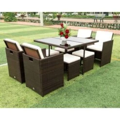 9pc Wicker Outdoor Dining Set With Cushion - Dark Brown/Beige - GODEER -Crosley shop GUEST 68476a2e a76f 4a03 9c29 eb6b9d0d556e