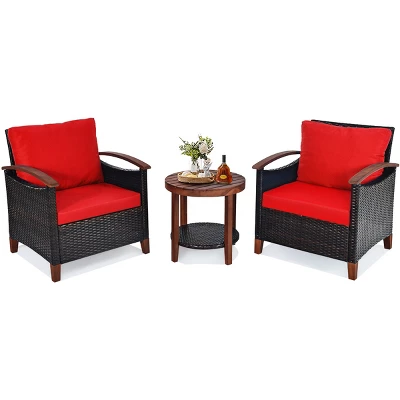 Tangkula 3-Piece Patio Rattan Bistro Set Acacia Wood Frame Sofa And Side Table 12 Tangkula 3-Piece Patio Rattan Bistro Set Acacia Wood Frame Sofa And Side Table - Image 12