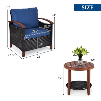 Tangkula 3-Piece Patio Rattan Bistro Set Acacia Wood Frame Sofa And Side Table 1 Tangkula 3-Piece Patio Rattan Bistro Set Acacia Wood Frame Sofa And Side Table