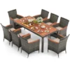 Costway 9 Pieces Outdoor Wicker Dining Set With Acacia Wood Table And 8 Armchairs