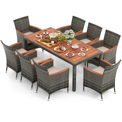 Costway 9 Pieces Outdoor Wicker Dining Set With Acacia Wood Table And 8 Armchairs 1 Costway 9 Pieces Outdoor Wicker Dining Set With Acacia Wood Table And 8 Armchairs