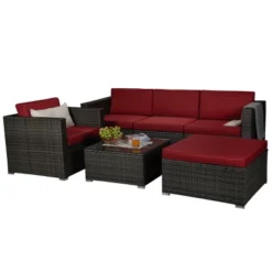 6pc Outdoor Rattan Wicker Conversation Set With Chairs, Coffee Table & Cushions - Gray/Red - GODEER -Crosley shop GUEST 6b9ce5b1 60cb 46ce 9266 c88ef723f8d3