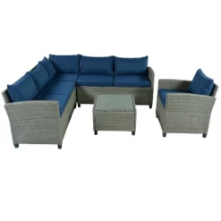 5pc Outdoor Wicker Conversation Set With Cushions - Blue - GODEER -Crosley shop GUEST 6ba45fc9 579d 40d5 8c61 619c9695f131