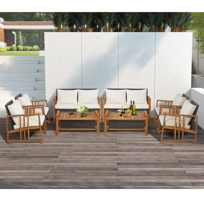 Costway 8PCS Patio Mix Brown Wicker Sofa Set Acacia Wood Frame With Seat & Back Cushions 1 Costway 8PCS Patio Mix Brown Wicker Sofa Set Acacia Wood Frame With Seat & Back Cushions