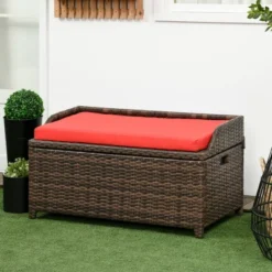 Outsunny Patio Wicker Storage Bench, Cushioned Outdoor PE Rattan Patio Furniture, Assisted Easy Open, Two-In-One Seat Box With Handles Seat, Red -Crosley shop GUEST 6dac240a 0c1a 47c6 b36d 01aed7b24b41
