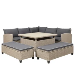 6pc Wicker Patio Set With Benches - Brown/Gray - GODEER -Crosley shop GUEST 6e661c15 7650 4090 987d 681896c146ea