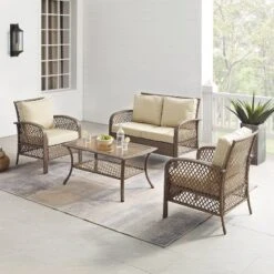 Tribeca 4pc Outdoor Wicker Conversation Set - Sand/Driftwood - Crosley