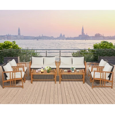 Costway 8PCS Patio Mix Brown Wicker Sofa Set Acacia Wood Frame With Seat & Back Cushions 3 Costway 8PCS Patio Mix Brown Wicker Sofa Set Acacia Wood Frame With Seat & Back Cushions - Image 3