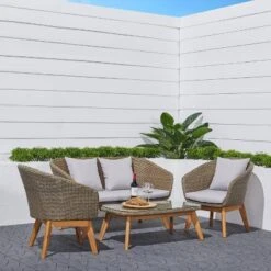 Grayton 4pc Rustic All-Weather Patio Wood And Wicker Conversation Set - Light Gray - Vifah