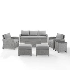 Bradenton 7pc Outdoor Wicker Sofa And Arm Chair Seating Set With Coffee Table, Side Table And 2 Ottomans - Gray/Gray - Crosley -Crosley shop GUEST 7402f9f1 d06f 4950 9611 4912cc556559