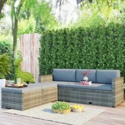 4pc Outdoor Wicker Conversation Sectional Set With Cushions - Gray - GODEER -Crosley shop GUEST 7722de90 07a5 44e7 a40a 3ab04646cf1c