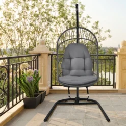 Costway Hanging Wicker Egg Chair W/ Stand Cushion Foldable Outdoor Indoor