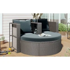 2pc Outdoor Wicker Conversation Sectional Set With Cushions & Half-Moon Side Table For Umbrella - Gray - GODEER -Crosley shop GUEST 7a9e4e33 b573 4655 a674 8d6e01f6b13a