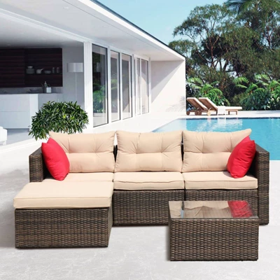 5pc Wicker Patio Sectional Seating Set With Shallow Cushions - Brown - GODEER 4 5pc Wicker Patio Sectional Seating Set With Shallow Cushions - Brown - GODEER - Image 4