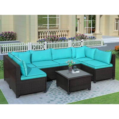 7pc Wicker Outdoor Sectional Seating Set With Cushions - Dark Brown/Blue - GODEER 1 7pc Wicker Outdoor Sectional Seating Set With Cushions - Dark Brown/Blue - GODEER