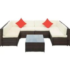 7pc Wicker Patio Sofa Set With Cushions - Brown/Beige - GODEER -Crosley shop GUEST 7c1a4e8e e714 49d4 9a09 20c11530a257