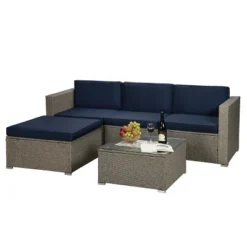5pc Outdoor Rattan Wicker Sectional Conversation Set With Cushions - Gray/Navy - GODEER -Crosley shop GUEST 81c1fbf6 2f10 4c27 a7ed 69197cc177ad