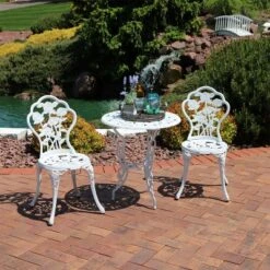 Sunnydaze Decor Sunnydaze Flower Design Cast Aluminum Bistro Set With Cast Iron Legs, White, 3pc -Crosley shop GUEST 8311e3fe f647 4b2c 8f52 550dd920202f