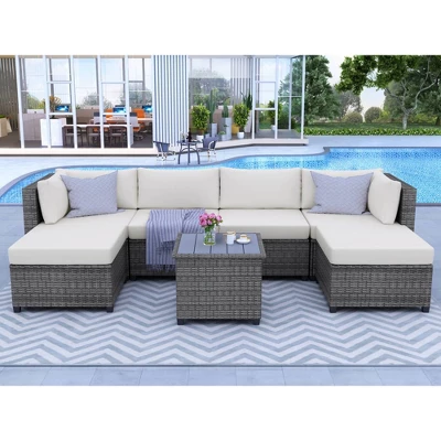 7pc Outdoor Wicker Seating Set With Cushions - Beige - GODEER 2 7pc Outdoor Wicker Seating Set With Cushions - Beige - GODEER - Image 2
