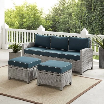 Bradenton 3pc Outdoor Wicker Sofa & 2 Ottoman Set - Navy/Gray - Crosley 1 Bradenton 3pc Outdoor Wicker Sofa & 2 Ottoman Set - Navy/Gray - Crosley