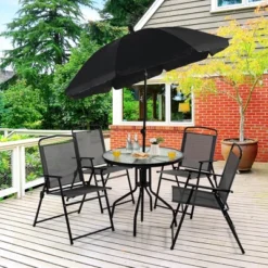 Costway 6 PCS Patio Dining Set Folding Chairs Glass Table Tilt Umbrella Garden -Crosley shop GUEST 848c0b40 865c 4d7a af43 3184acba551e