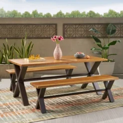Christopher Knight Home Sabrina 3 Piece Outdoor Dining Set With Rustic Iron X-Base Table And Benches -Crosley shop GUEST 868a3cfa ccbc 4dc2 bf79 ba944e126d0d