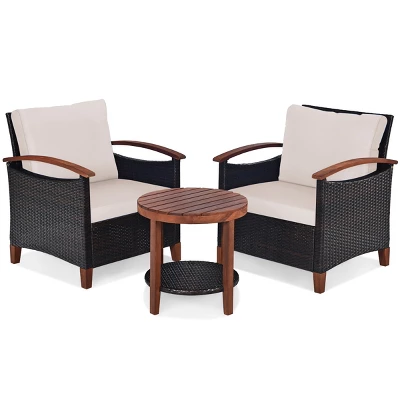 Tangkula 3-Piece Patio Rattan Bistro Set Acacia Wood Frame Sofa And Side Table 5 Tangkula 3-Piece Patio Rattan Bistro Set Acacia Wood Frame Sofa And Side Table - Image 5