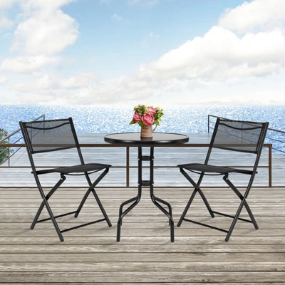 Tangkula 3-Piece Patio Bistro Dining Furniture Set, Outdoor Patio Conversation Set With Round Black Tempered Glass Tabletop And 2 Folding Chairs 3 Tangkula 3-Piece Patio Bistro Dining Furniture Set, Outdoor Patio Conversation Set With Round Black Tempered Glass Tabletop And 2 Folding Chairs - Image 3